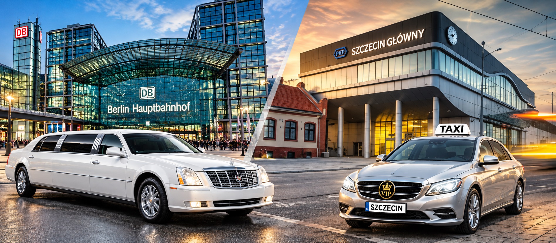 Taxi i transfery na dworce kolejowe Szczecin G��wny PKP oraz Berlin Hauptbahnhof. Srebrna taks�wka VipTaxi i bia�a limuzyna Cadillac DeVille.